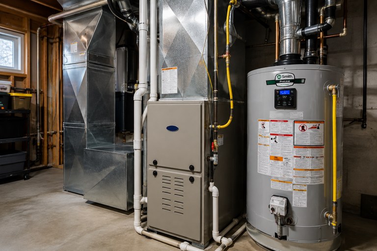 Residential furnace water heater and mechanical systems