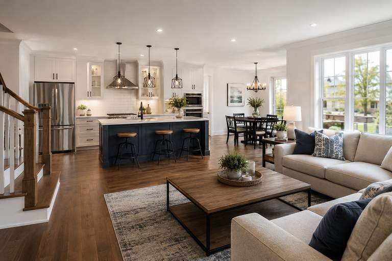 Interior kitchen and living areas of a detached home